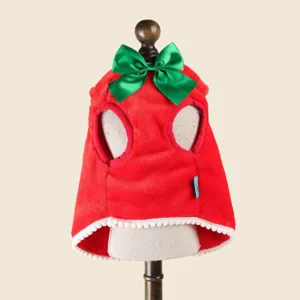 Red Christmas pet cape for small dogs and cats, winter flannel festive party costume apparel.