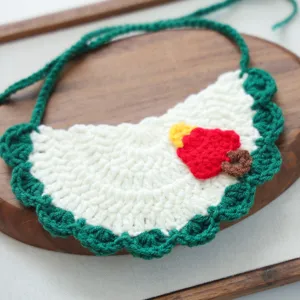 Christmas crochet pet bib for small dogs and cats, cute handmade knitted lace-up holiday collar.