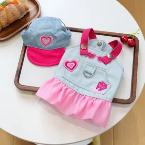 Cute pet denim hat and suspenders skirt set, stylish puppy clothing for small dogs and cats.
