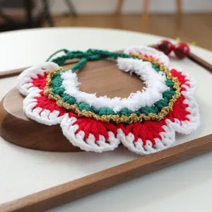Cute handmade crochet Christmas pet collar scarf for cats and small dogs, festive party accessory.