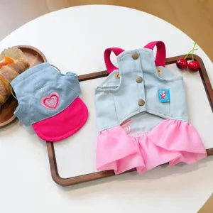 Cute pet denim skirt and hat set for small dogs, sweet pink and blue design with heart embroidery.