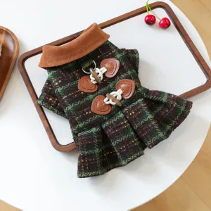 Dog plaid dress with corduroy lapel and pleated skirt, cozy winter pet apparel for small dogs.