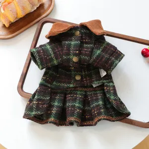 Details of pet plaid dress, green tweed fabric with brown corduroy collar and cute buttons.