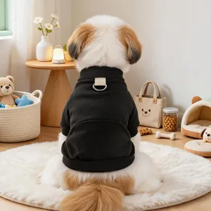 Details of black pet dog hoodie sweater for small dogs, featuring back D-ring and pocket.