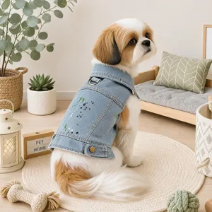 Cute puppy denim dog jacket with paint splatter design and collar, stylish pet apparel for small dogs.
