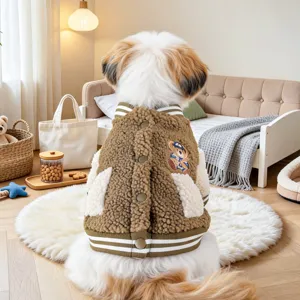 Pet lamb cashmere baseball uniform detail, cozy pet winter clothes with cute bear embroidery.