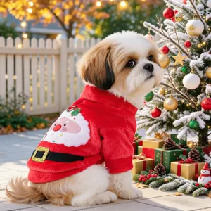 Cute plush Christmas dog hoodie for small puppies, festive Santa costume detail and warm fabric.