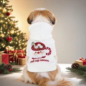 Detailed back view of a white pet hoodie with festive Santa mug embroidery and cozy design.