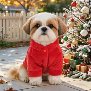 Cute small dog fleece Christmas coat detail, soft red plush pet apparel for winter holidays.