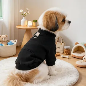 Cozy black dog hoodie with leash ring, warm pet apparel for small dogs in winter style.