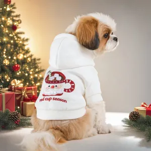 Cute Christmas pet hoodie detail showing festive embroidery and soft white fabric for small dogs.