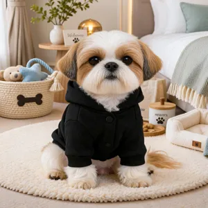 Cute black dog hoodie for small dogs, comfortable pet clothes with hat and pockets for spring.