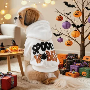 Joli petit chien portant un sweat à capuche blanc d'Halloween pour animaux de compagnie.