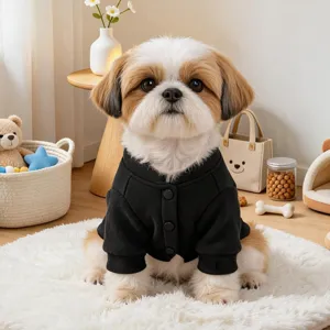 Cute small dog black button cardigan pet clothing detail view for autumn and winter warmth.