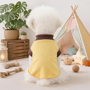 Cute pet t-shirt detail showing soft knit fabric, cozy yellow color with brown trim for dogs.