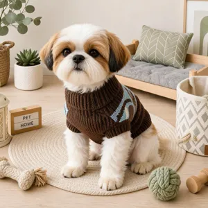 Cozy brown pet sweater detail with soft knit fabric and cute blue patterns for small dogs.