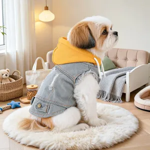 Cute pet denim hoodie jacket stylish puppy apparel with yellow hood for small dogs comfortable