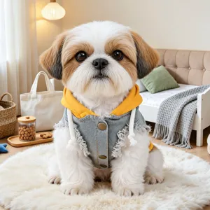 Cute pet dog denim hoodie jacket for small puppies, vintage style spring autumn pet apparel.