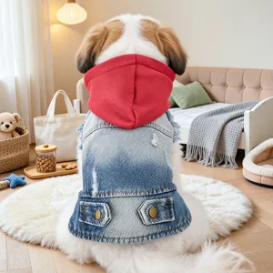 Stylish pet denim hoodie for small dogs, retro design with red hood and cute buttons for autumn.