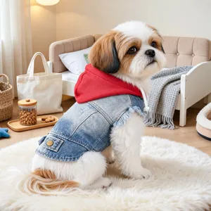 Detail view of the stylish pet denim jacket with red hood, perfect dog fashion design.