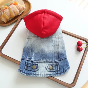 Cute pet denim hoodie with a red hood, vintage style dog clothes for small puppies daily wear.