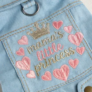 Close-up detail of cute pet denim jacket pocket with crown and heart embroidery.