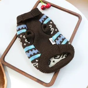 Cozy brown pet knit sweater with blue geometric pattern, warm high collar for small dogs.