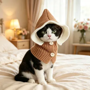 Cozy knitted pet hat with ruffle edge and buttons, warm autumn winter accessory for small cats dogs.