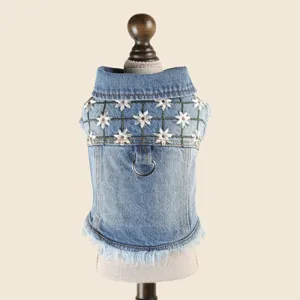 Cute pet denim jacket featuring daisy embroidery, lapel collar and ring for small dogs.