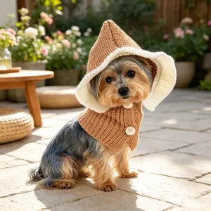 Cute puppy knitted hat winter warm pet bib collar small dog brown hood with white buttons.