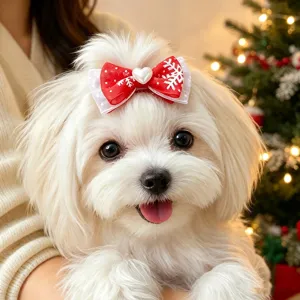 Weihnachtliches Haustier-Haarspange mit roter Schleife und Schneeflocken, ideal für kleine Hunde.