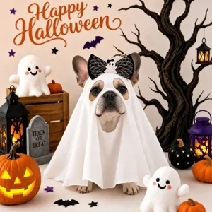 Primo piano dettagliato del mantello del costume da fantasma per animali e fiocco.