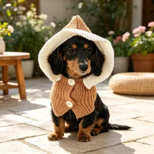 Close-up detail of a cute pet wearing a cozy brown and white knitted hooded winter warm scarf.