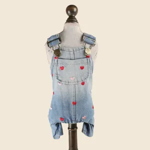 Cute denim pet jumpsuit with sweet heart embroidery, perfect for small dogs and puppies everyday.