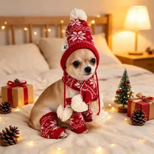 Christmas pet knit hat scarf leg warmers set, cute snowflake pattern for cats dogs.