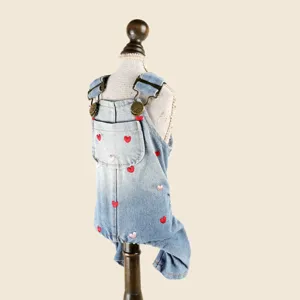 Cute denim pet jumpsuit with red heart embroidery for small dogs puppy detail view