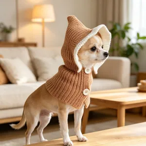 Cozy brown knitted pet hat with white buttons, warm winter dog scarf accessory for small pets.