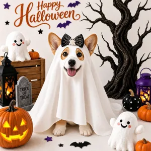 Dettaglio costume da fantasma di Halloween per animali, cane con mantello bianco e fiocco.
