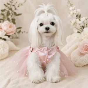 Détail de robe pour animal en satin rose, design perles mignon pour chats chiens fête