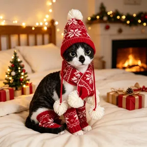 Festive pet Christmas three-piece set, cute cat dog knitted red hat scarf and leg warmers.