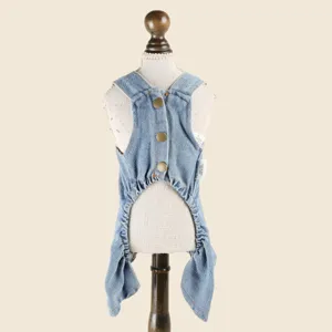 Detailed view of cute pet denim overalls jumpsuit for small dogs, featuring metal button closures.
