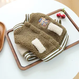 Cute pet fleece baseball jacket for autumn and winter, warm brown puppy coat with bear embroidery.