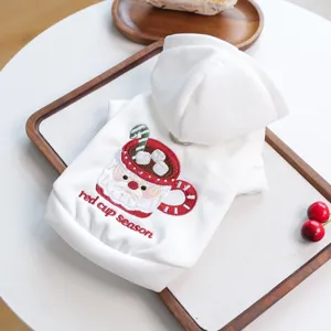 Cute Christmas dog hoodie with Santa embroidered, soft white pet apparel for small puppies.