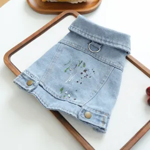 Pet dog denim jacket with lapel and D-ring, stylish paint splatter graffiti design for small dogs.