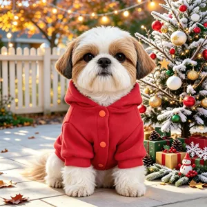 Dettagli in primo piano di un cucciolo carino con maglione natalizio rosso festivo.
