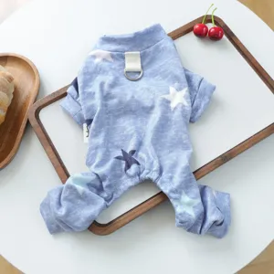 Cute blue star print pet dog pajamas soft loungewear with D-ring detail for cozy autumn.