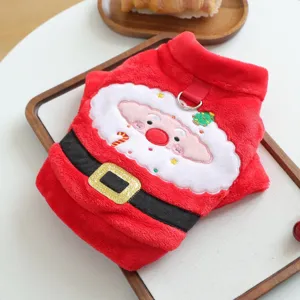 Plush red dog Christmas coat detail showing cute Santa embroidery and D-ring harness buckle.