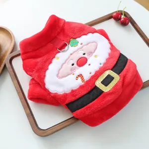 Pet dog Christmas plush coat detail shot, cute Santa Claus embroidery and warm winter apparel.