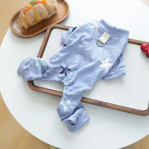 Blue soft star pattern pet jumpsuit detailed view, comfortable dog pajamas for autumn winter.