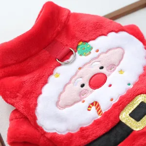 Pet Christmas plush coat detail shot featuring cute Santa embroidery and D-ring leash attachment.